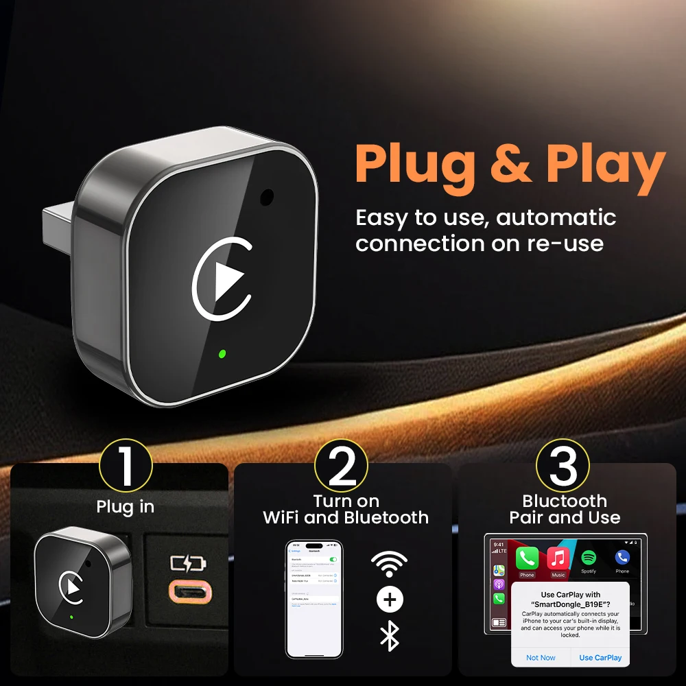 Adaptador Inalámbrico CarPlay Tipo-C 2026, Último Modelo, Convierte CarPlay y Android Auto de Cableado a Inalámbrico, Plug & Play para la Mayoría de los Autos
