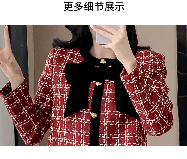 High Quality Red Plaid Tweed Jacket Coat Skirt Two piece Sets Women Autumn New Bow Crop Tops + A Line Mini Skirt Suits