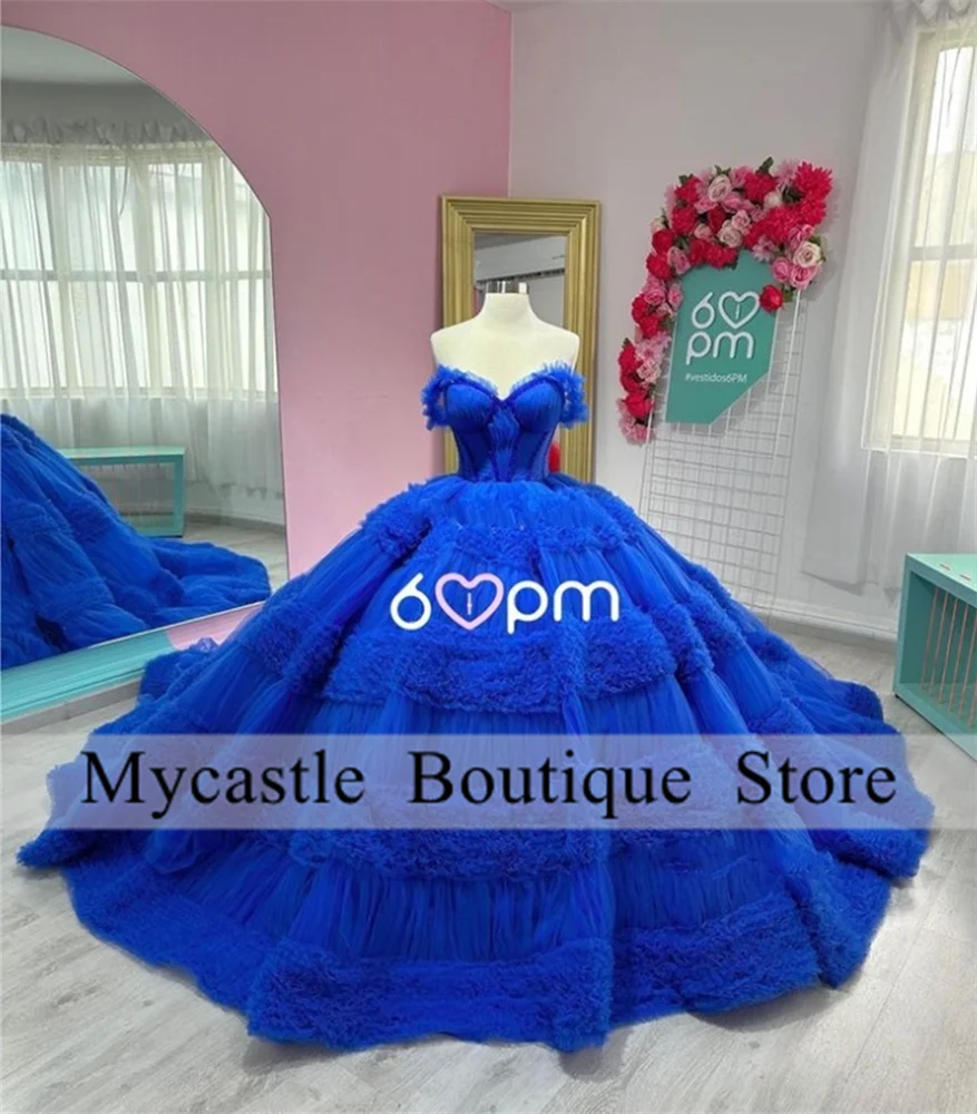 Vestido de baile de tul azul real para quinceañera, traje con cuentas de corazón para fiesta de cumpleaños, con cordones, 2024