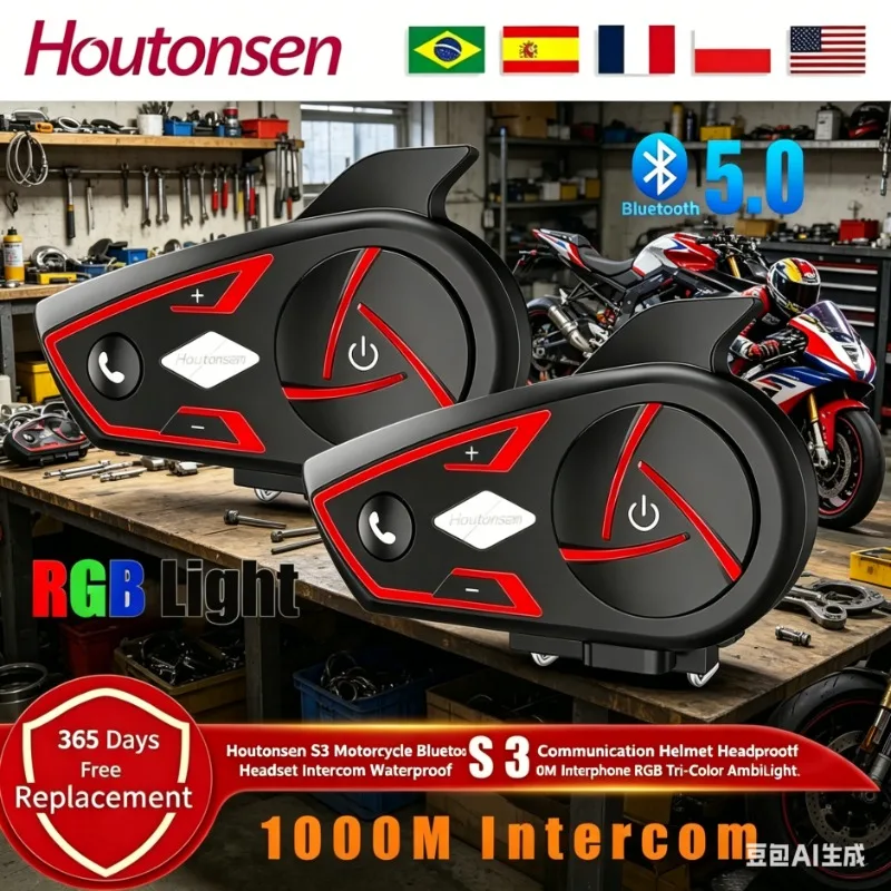 Houtonsen S3 Motorrad-Bluetooth-Helm-Headset Intercom Wasserdicht 1000M RGB Dreifarbiges Ambientelicht