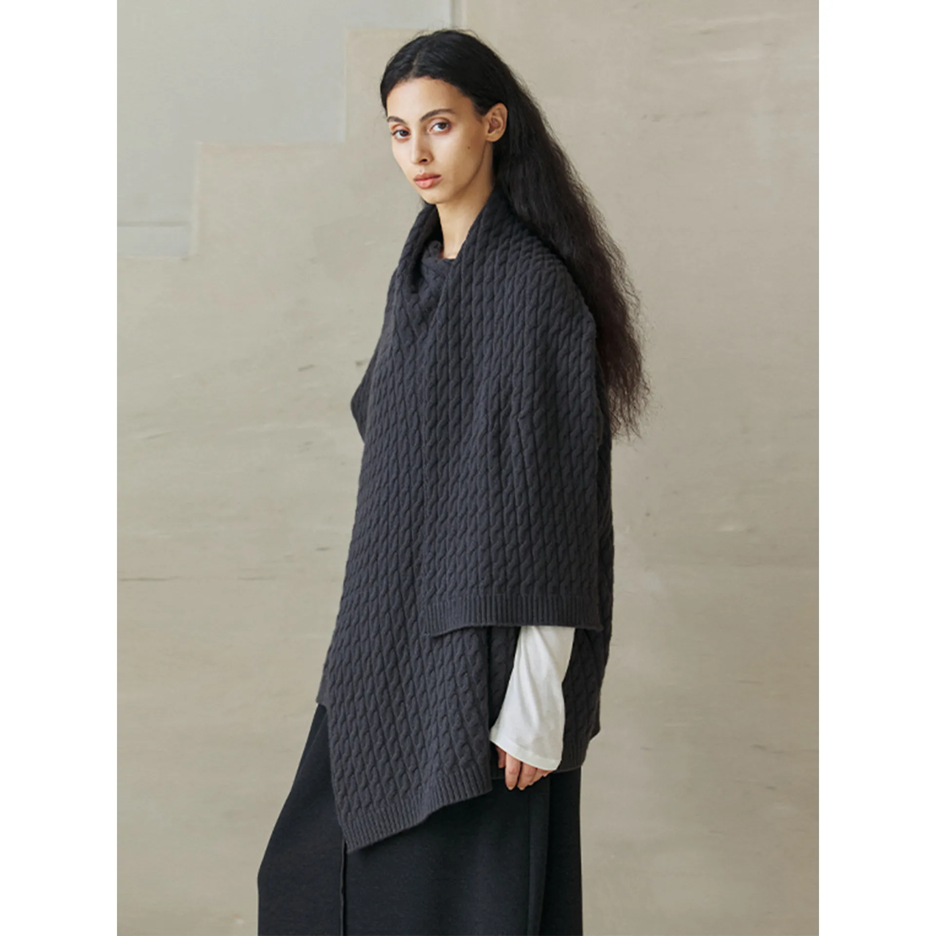 Navy blue retro Joker fashionable knitted shawl thick with loose hemp pattern outside.