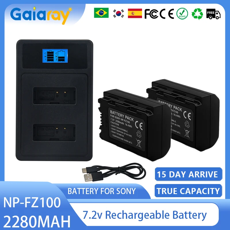 LED Dual USB Charger 2280mAh NP-FZ100 NPFZ100 NP FZ100 Battery for Sony NP-FZ100  BC-QZ1 a9 a7R III a7 III A6600 Camera Battery