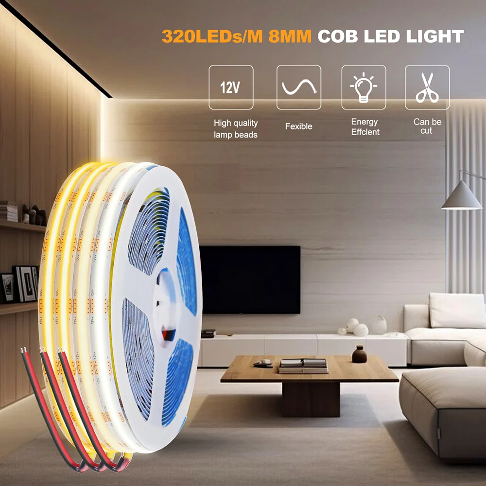 DC 5V 12V 24V COB LED Strip Light High Density Linear Lighting 320 LEDs Flexible Tape Lamp 8mm PCB 0.5m 1m 2m 5m Home Decoration