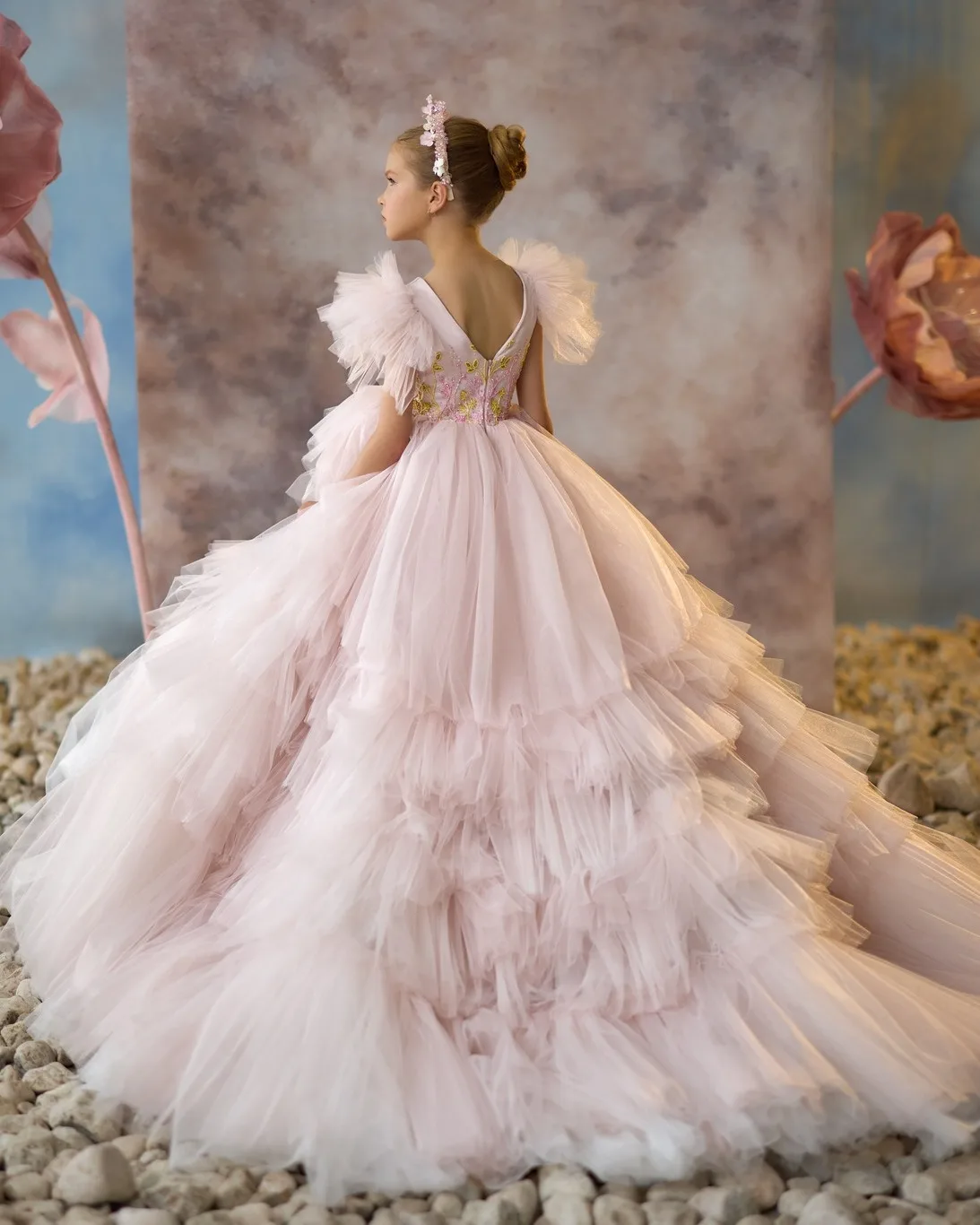 Robes de demoiselle d'honneur rose blush, en tulle, pour fête d'anniversaire de petite fille, robes de première communion pour enfants