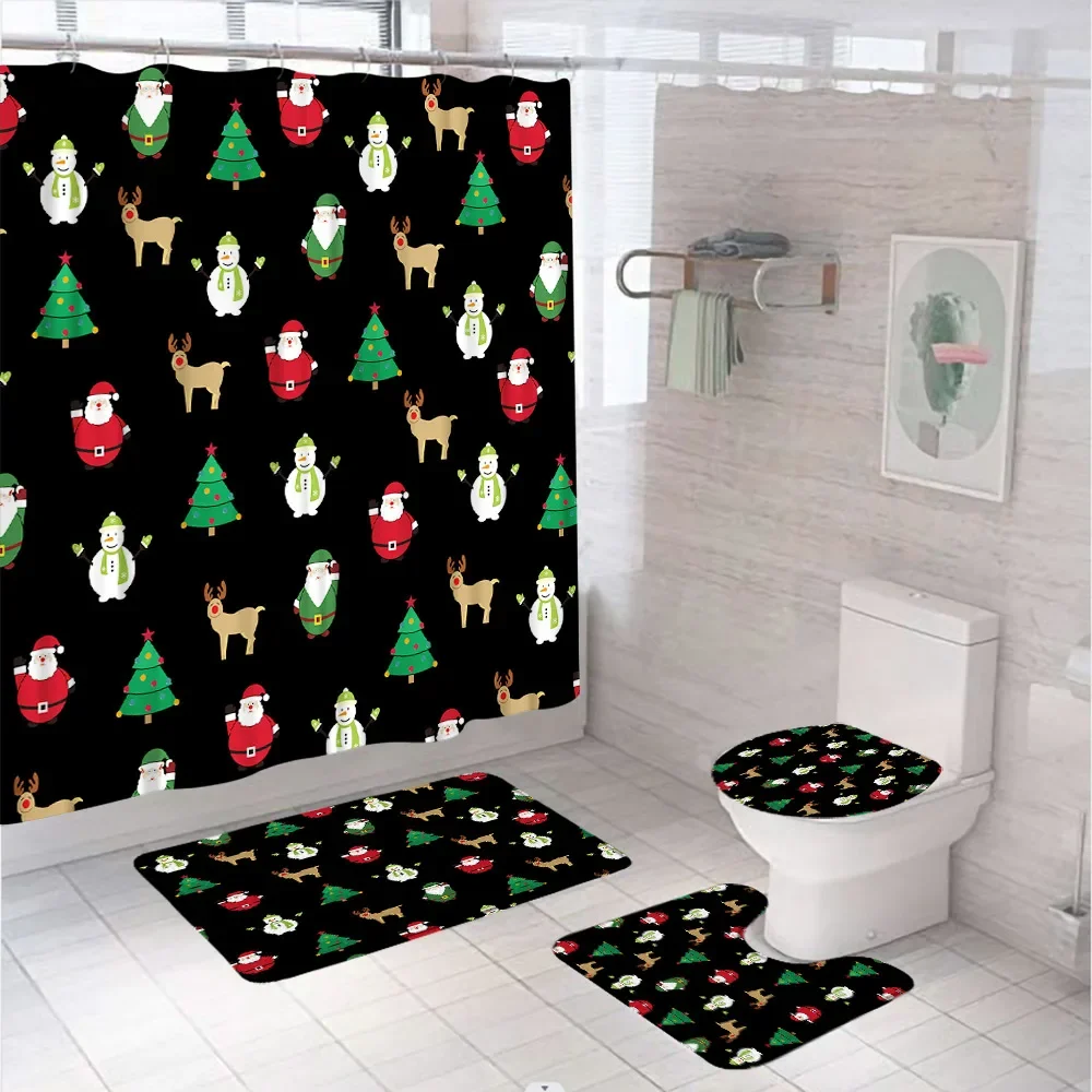 Christmas Decor Shower Curtain Sets Reindeer Christmas Tree Snowflake Bathroom Curtains Non-Slip Bath Mat Rug Toilet Seat Cover