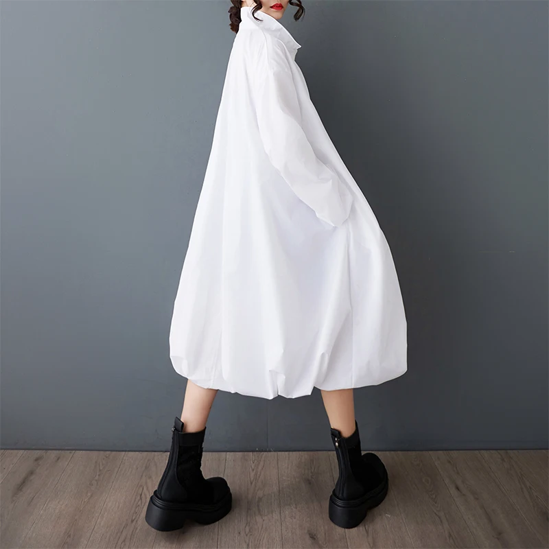 فستان ميدي فضفاض بأكمام واسعة وخصر مرن، فستان طويل الأكمام بلون واحد، تنورة على شكل حرف A من مزيج القطن والبوليستر