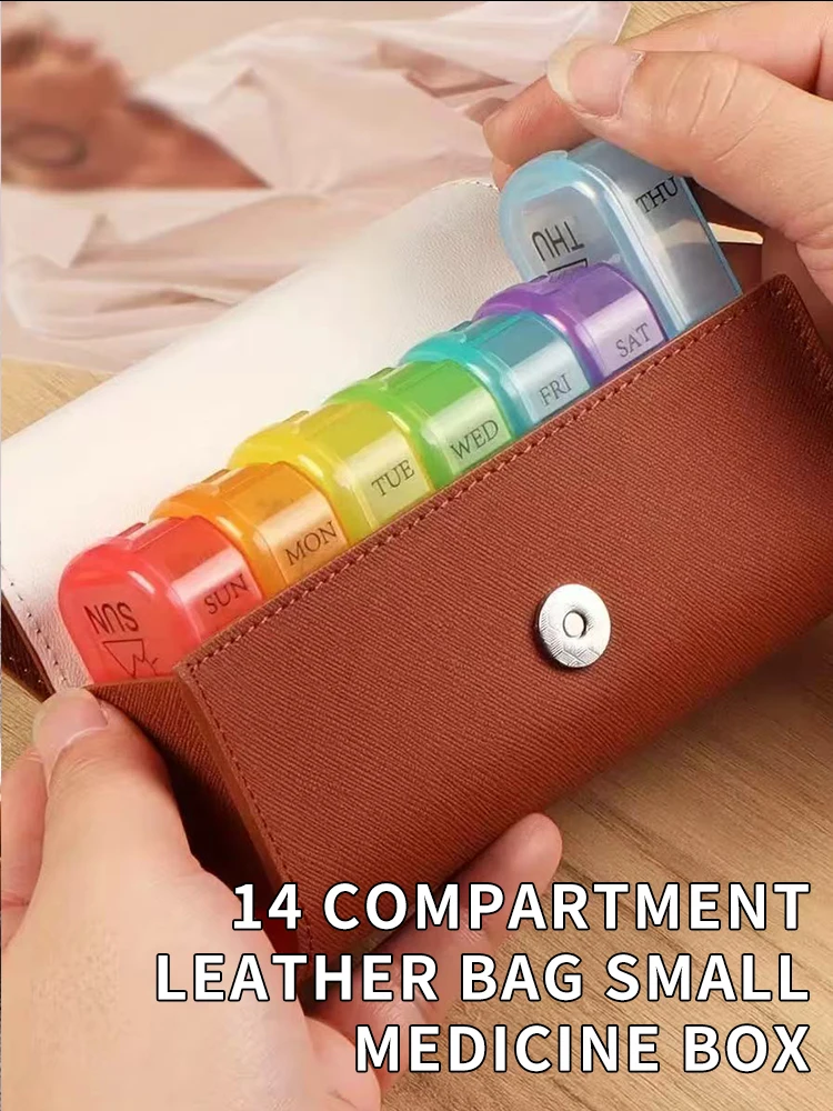 Leather Weekly Pill Organizer Box Travel Medication Reminder 7 Compartments AM PM Day Night Carrying Case for Daily Use