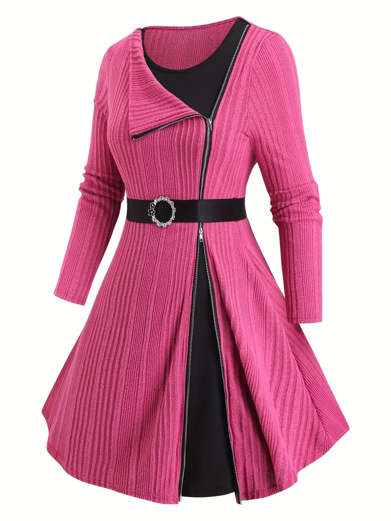 2025 Primavera e autunno Nuovo abito in maglia con cintura O-ring con cerniera a costine con risvolto da donna di grandi dimensioni