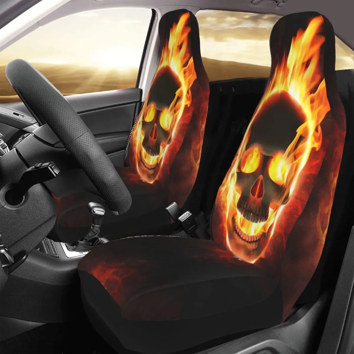 

Evil Skull In Flames And Smoke Car Seat Cover Custom Printing Universal Front Protector Accessories Cushion Set