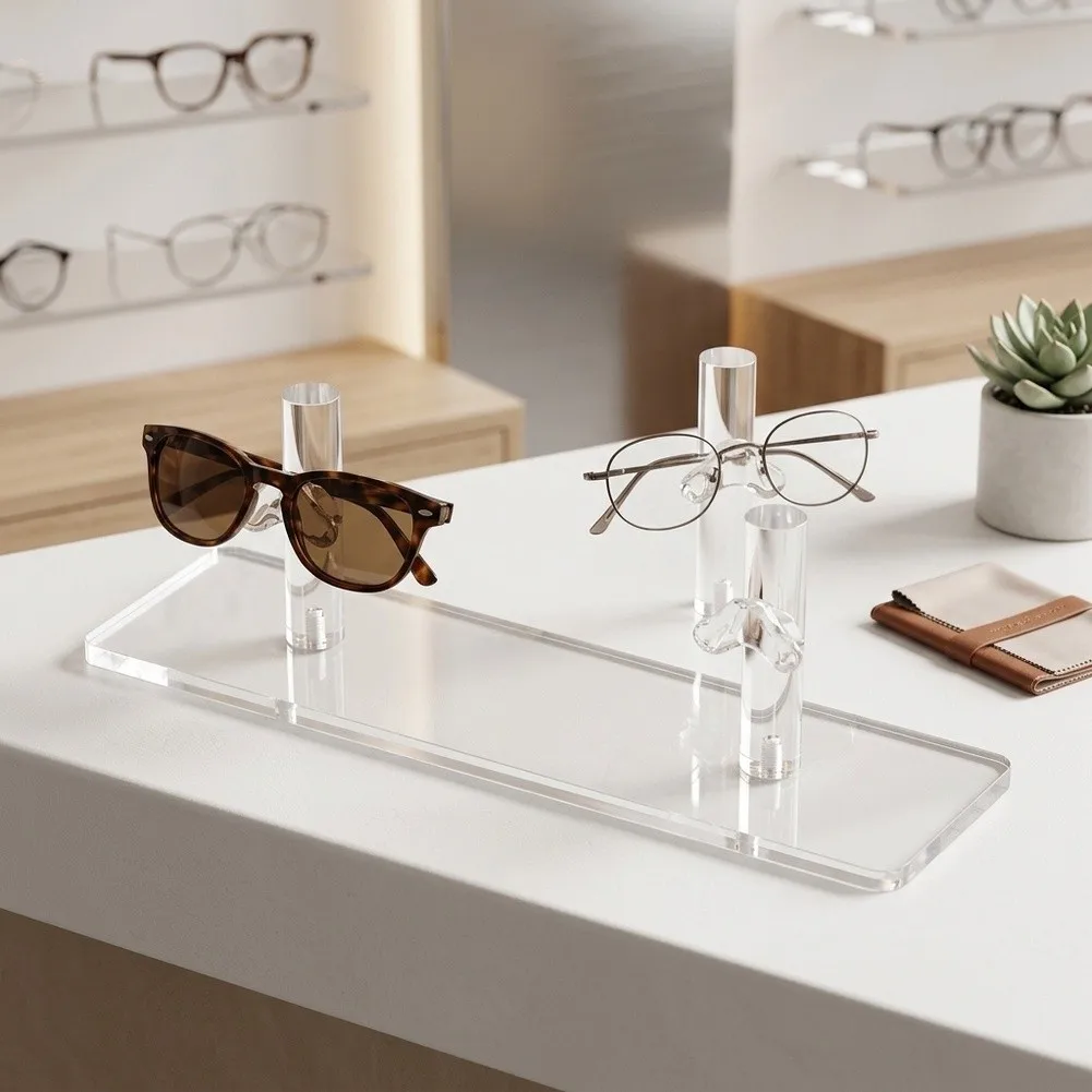 Clear Eyewear Display Rack with Vertical Hollow Tubes and Side Clips for All Types of Glasses Including Sunglasses Frames