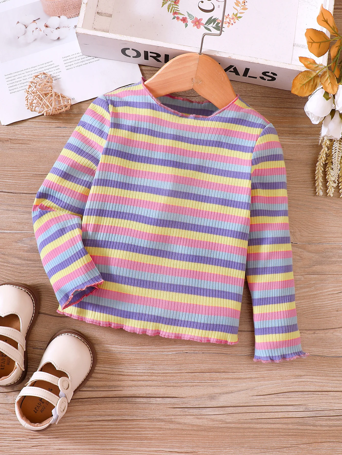 New Spring And Autumn Girls\' Long Sleeved Colorful Striped Pit Striped Bottom Shirt For Primary And Secondary School Children