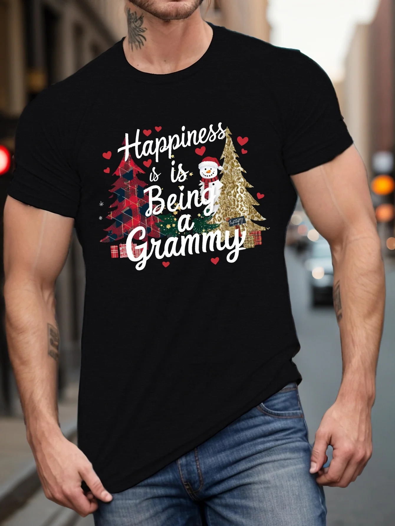 

'Happiness is Being a Grammy' Snowman Graphic T-Shirt 100% Cotton O-Neck Short Sleeve Summer Casual Mens T-shirt Streetwear