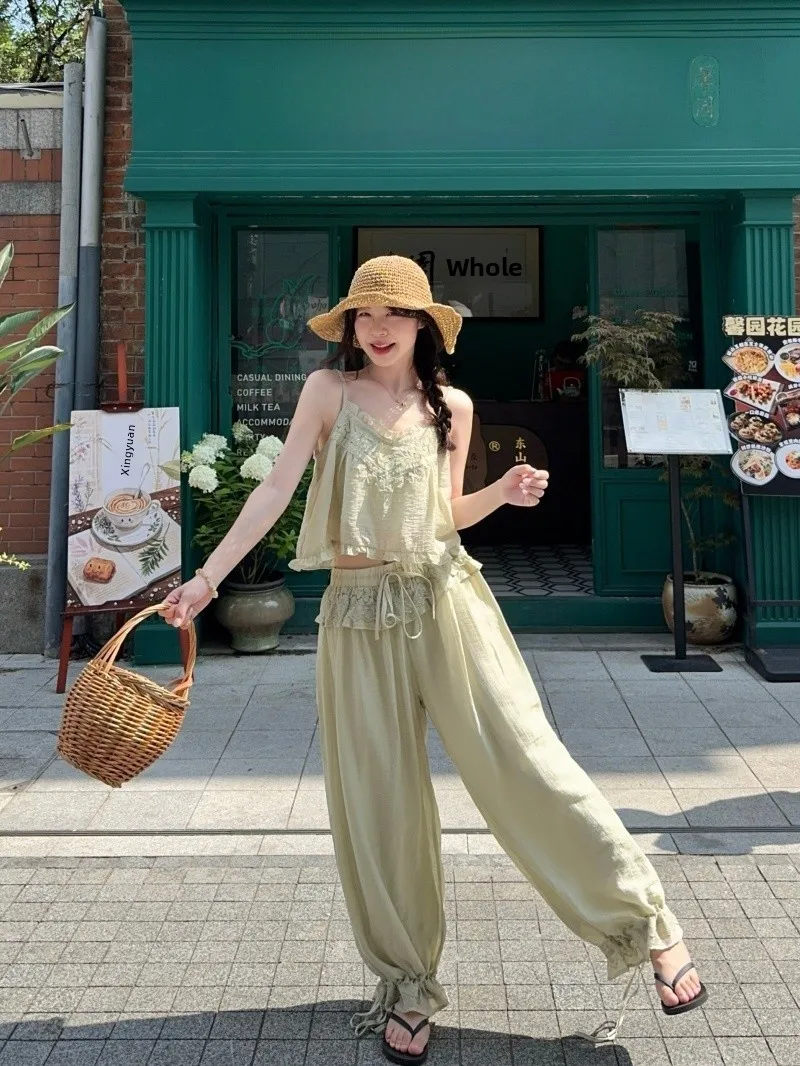 

Fashionable Lace Patchwork Casual Pants Two-Piece Set Women's Summer V-Neck Strap Vest High Waist Long Pants Casual Style