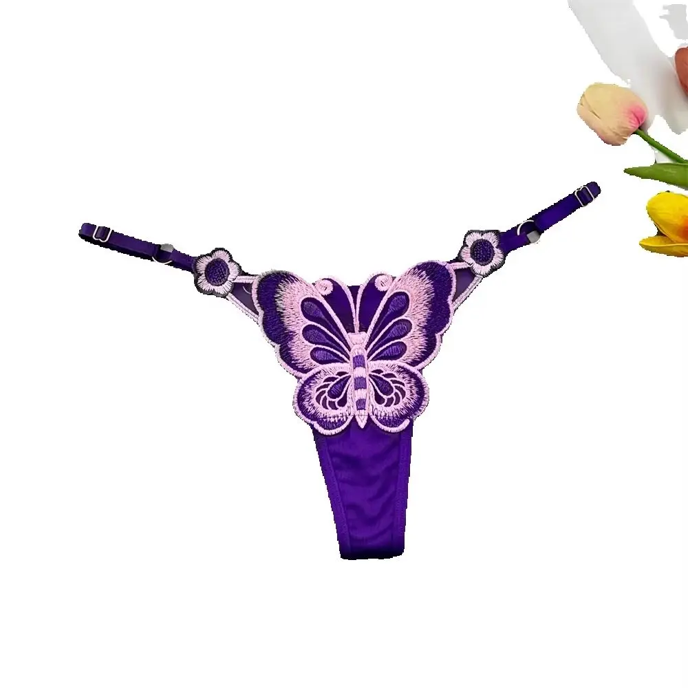 3pcs Embroidery Butterfly Adjustable Underwear Women Sexy Hot Perspective T-back Lingerie Low Waist Adjust G-string