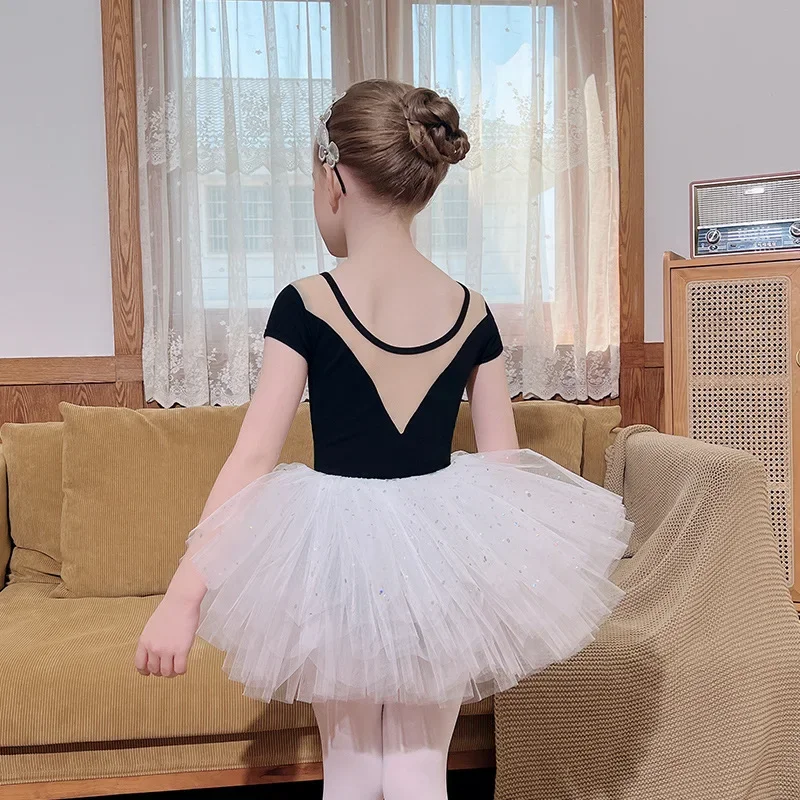 Costume da ballo per balletto per bambini, manica corta estiva, gonna da balletto nera per bambini, body da ginnastica, ballerina, abbigliamento, abito in tulle