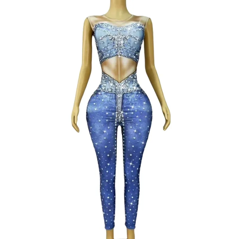 ジーンズ柄プリントノースリーブジャンプスーツナイトクラブ歌手ステージパフォーマンス服クリスタルレオタードハロウィンコスプレ衣装