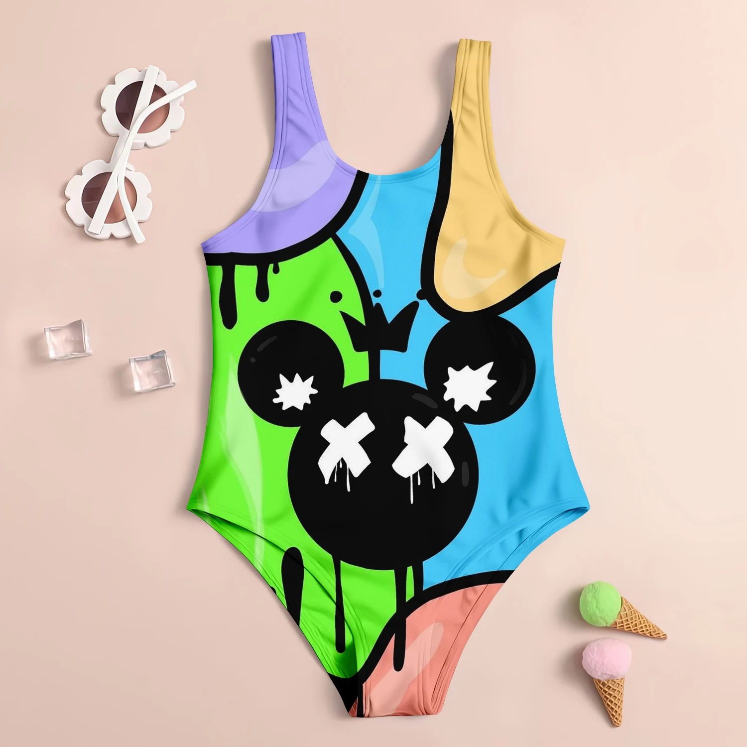 MINISO Disney Mickey Mouse Girl Swimsuit Children\'s Swimsuit 3D Cartoon Print Cute Sand Swimsuit Fashion Children\'s Clothing