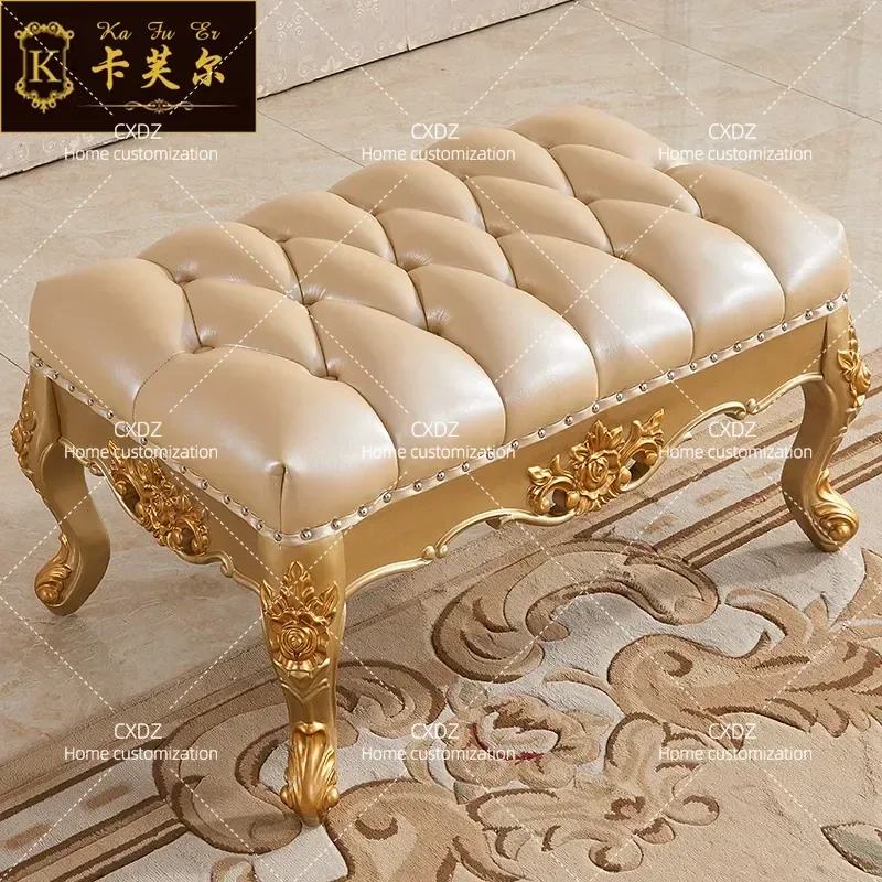 New European living room full solid wood carving flower leather pedal shoe changing stool sofa hair stool Foshan furniture