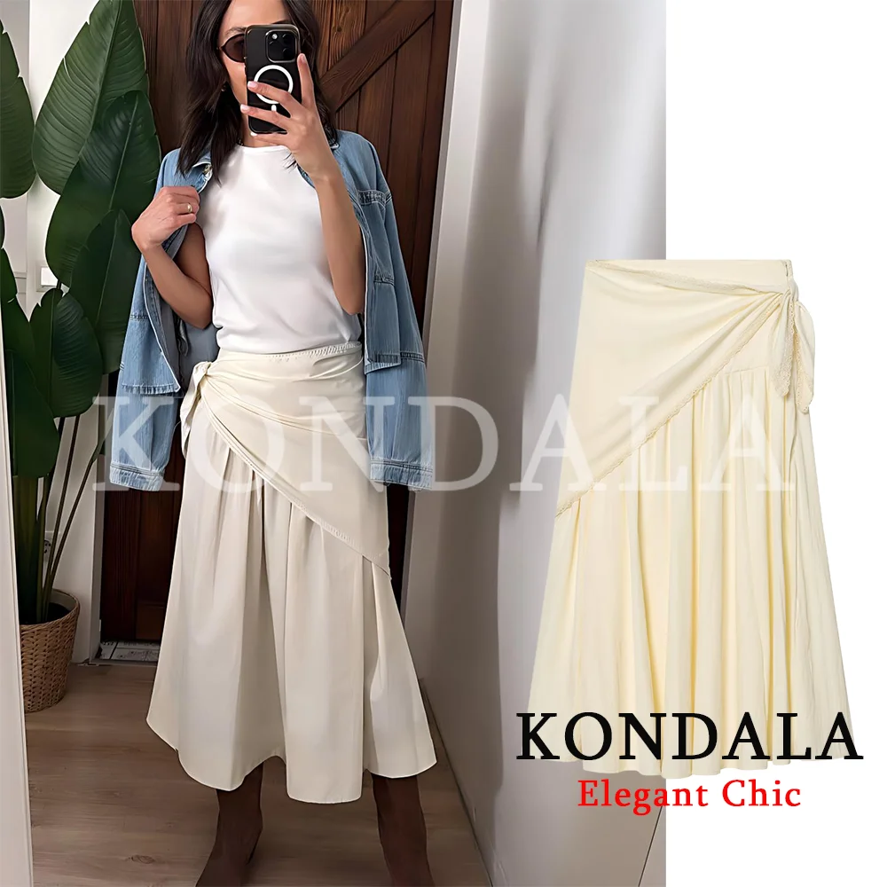 KONDALA Women Trendy Beach Fluffy Lace Scarf Skirts Pleated Long Zipper Skirt Fashion 2026 Spring Summer Holiday Mujer Skirts