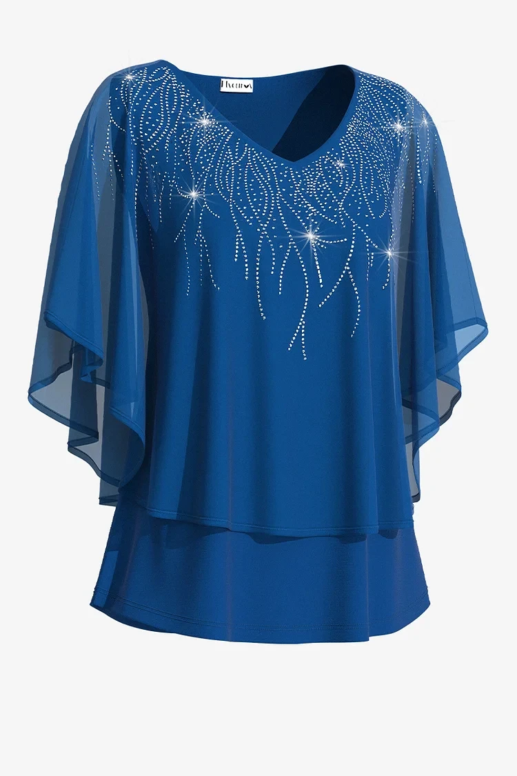 Flycurvy Plus Size Dressy Blue Sparkly Flutter Sleeve Sparkly Layered Blouse V Neck Tops