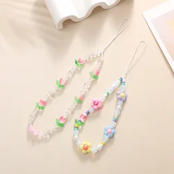 Crystal Tulip Flower Beaded Phone Chain Girl Pink Phone Case Pendant