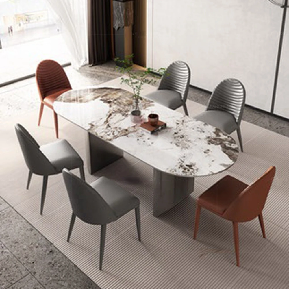 Modern Sintered Stone Dinning Table Beige Black Lacquer Steel Base Long Square Marble Dinning Table