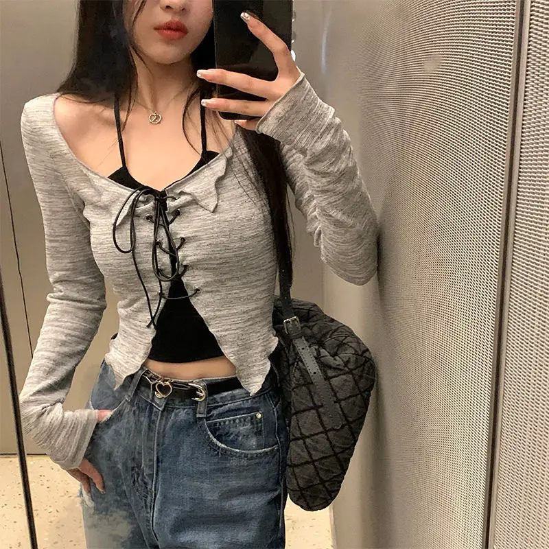 Two Piece Suit Suspender Cardigan Women Korean Autumn Sexy V Neck Slim Y2K Crop Long Sleeve Cross Bandage Knit Tops