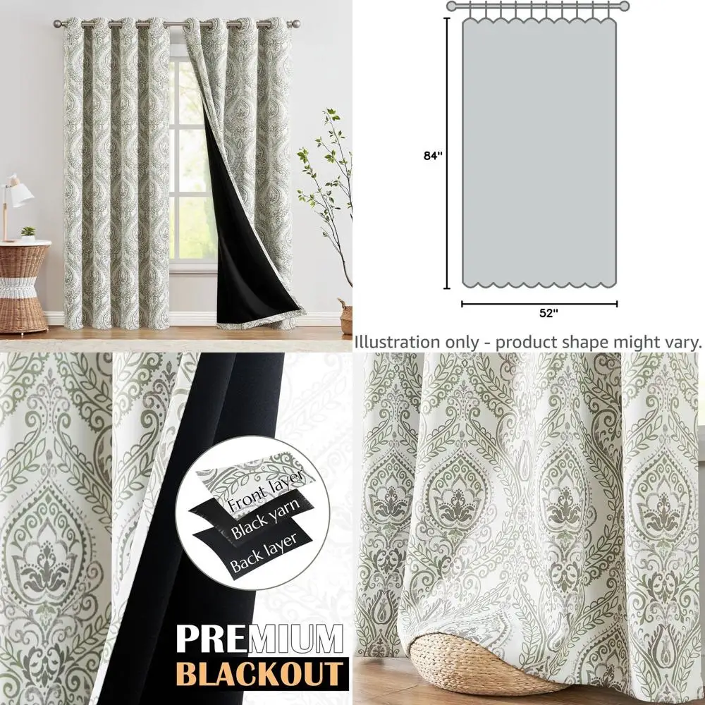

84 шторы с утеплением, цвета шалфейно-зеленый, с дамасским узором и люверсами, для спальни и гостиной - 2 панели, винтаж, люкс