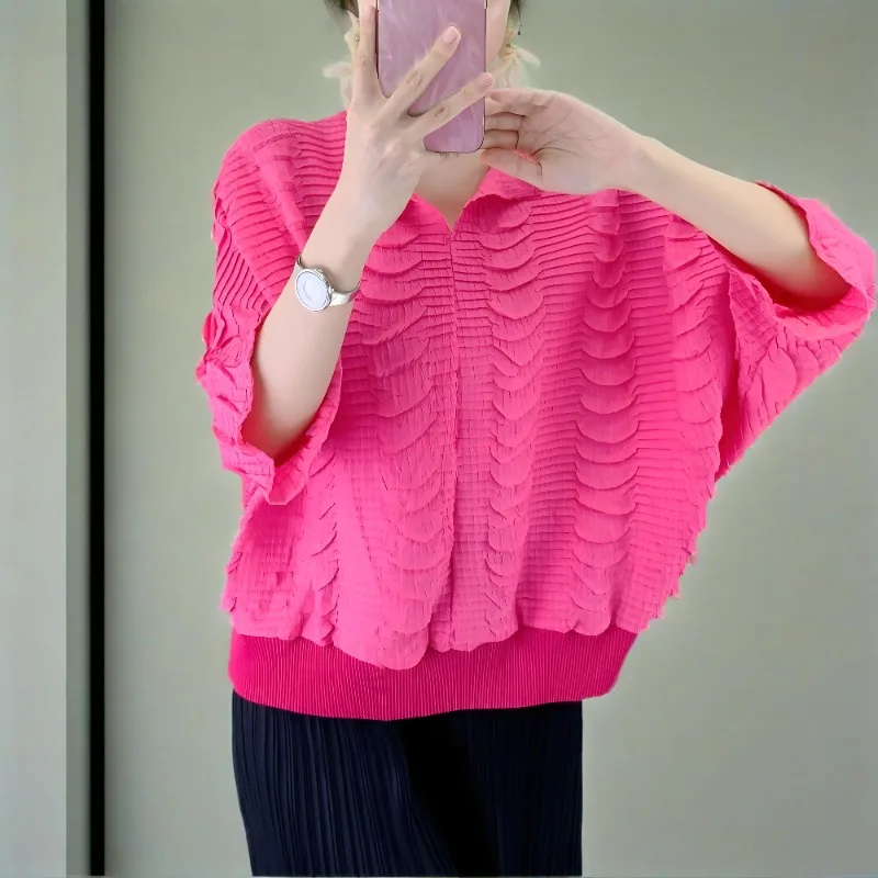

Miyake Pleated T-shirt Lace Ruffled Tops Women Loose Simple Versatile Casual Women's Fashion Bat Sleeve T-shirt 2025 Summer