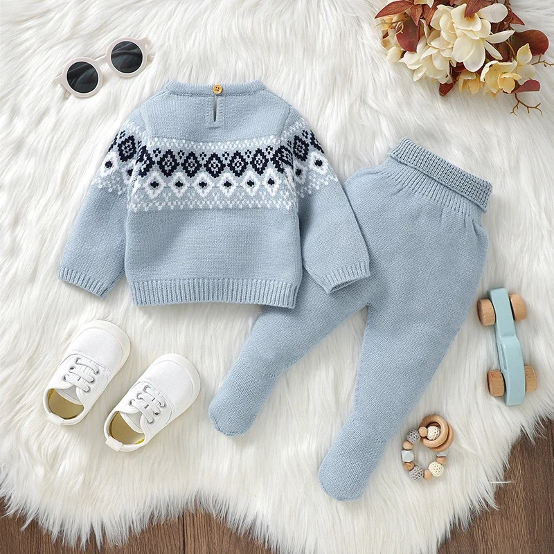 Baby Clothes Sets Knit Infant Newborn Sweater +Pants 2PCS Fashion Striped Autumn Girl Boy Pullover +Trousers Foot Wrap Warm 0-9M