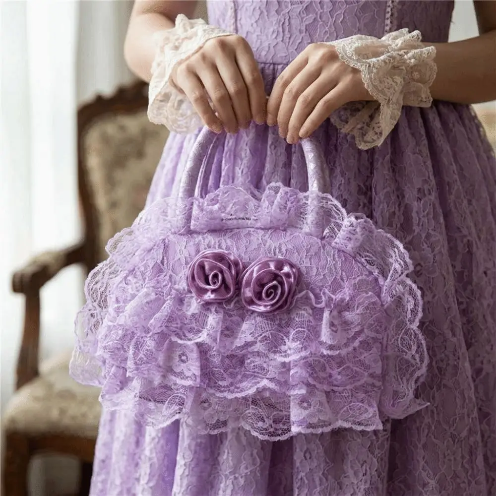 Polyester Material Ruffled Lace Handbag 3D Fabric Rose Multilayer Lolita Bag Zipper Closure Dome Top Handle Small Tote Bag view 4
