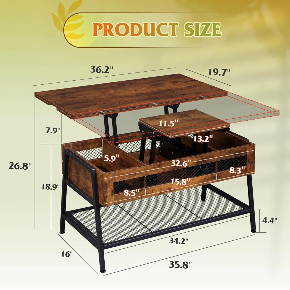 Rustic Brown3-in-1Lift Top Coffee Table,โต๊ะกาแฟมัลติฟังก์ชั่นแปลงเป็นโต๊ะรับประทานอาหารสําหรับห้องนั่งเล่น,ห้องรับประทานอาหาร