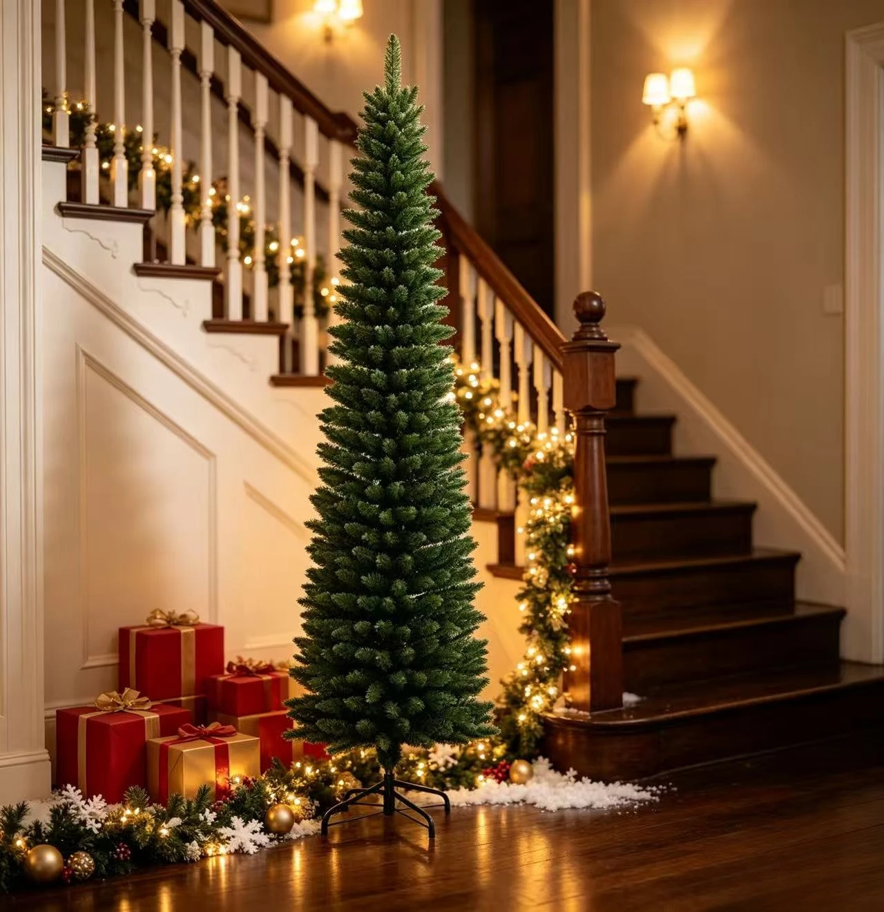 Slim artificial Christmas tree, pencil green pine, indoor family corner holiday party decoration