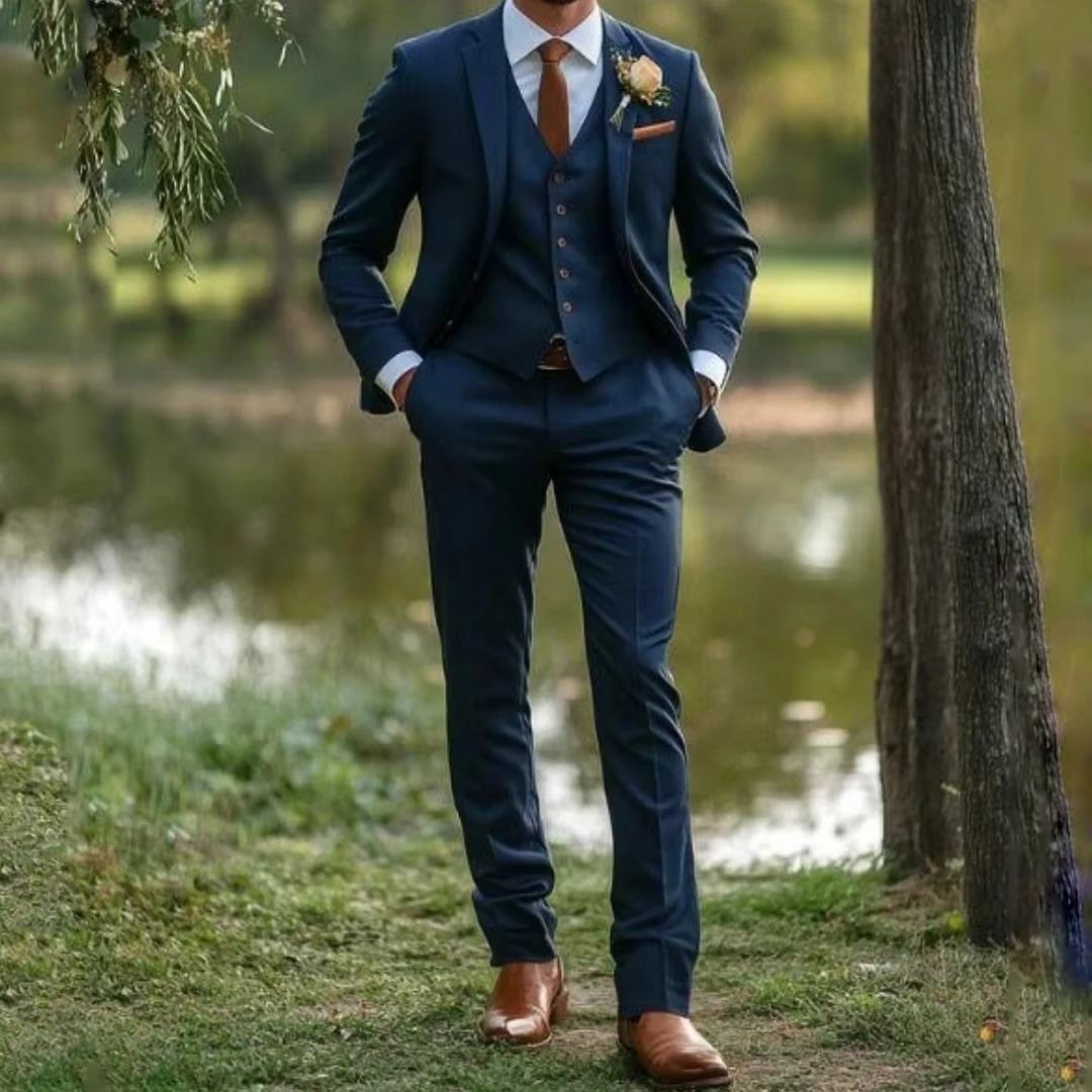 

Single Button Solid For Wedding Banquet Birthday Business Work Daily Jacket Vest And Pants Men Suit 3 Piece Navy Blue With Lapel
