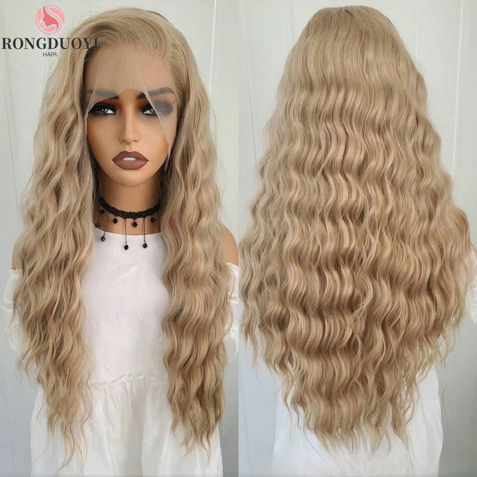 

13X4 Ash Blonde Wig Deep Curly Synthetic Lace Front Wig Natural Wavy Long Dark Blond Colored Hair Frontal Wigs for Women Party