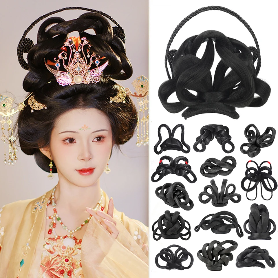 

Chinese Style Braid Chignon Synthetic Fake Hair Bun Retro Black Hanfu Wig Bun Pad High Ancient Princess Cosplay Vintage Wig