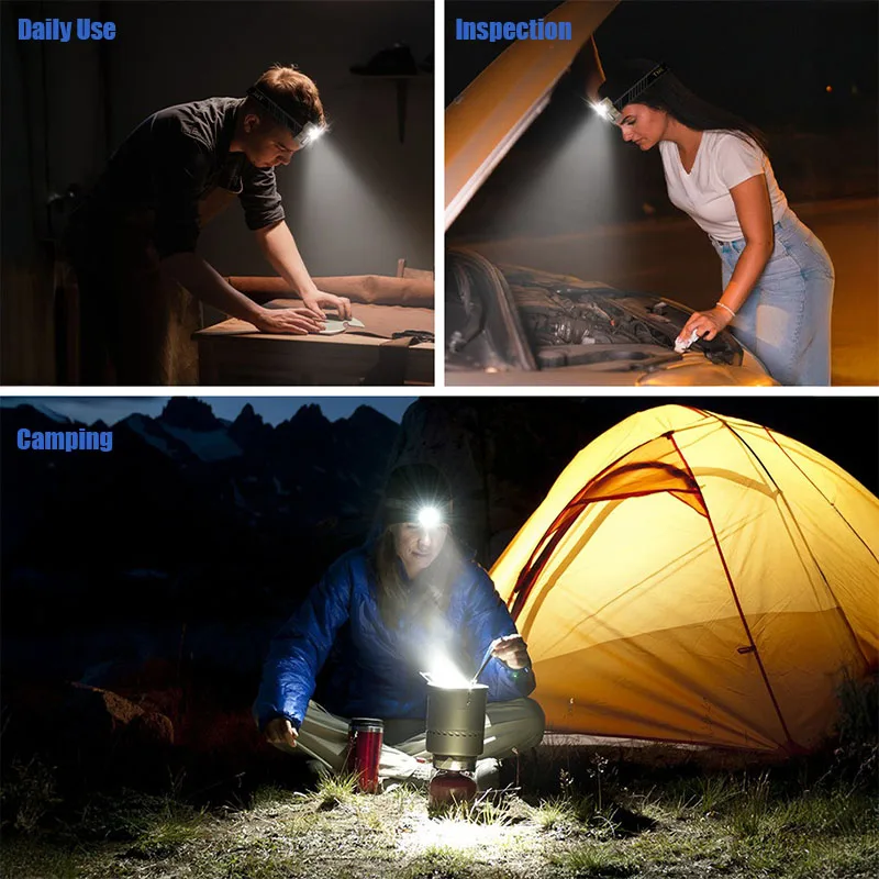 Volodymyr Mini LED+COB Headlamp Dual Lights Source Flashlight 180 ° Rotation Headlight Sensing Cap Clip Light Work Torch