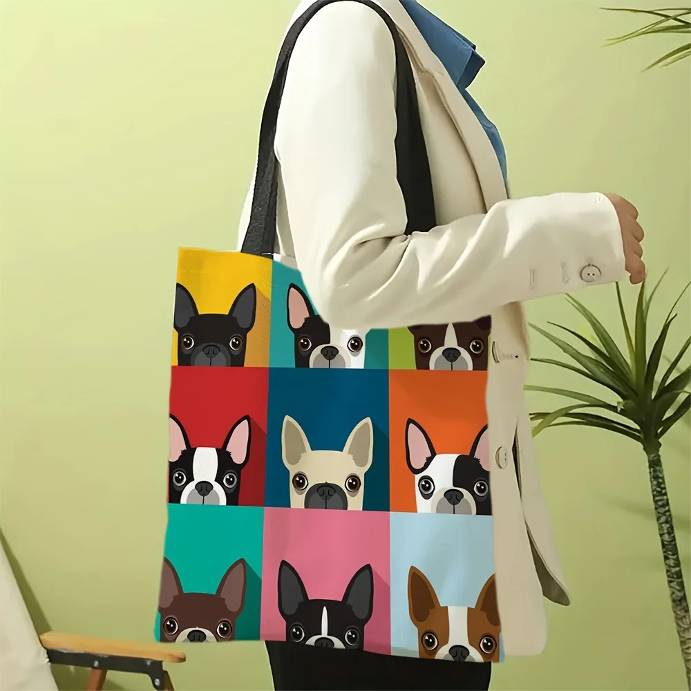 New French Bulldog Printed Double-sided Printed Handbag, Casual High-capacity Shopping Bag, Multifunctional Shoulder Bag