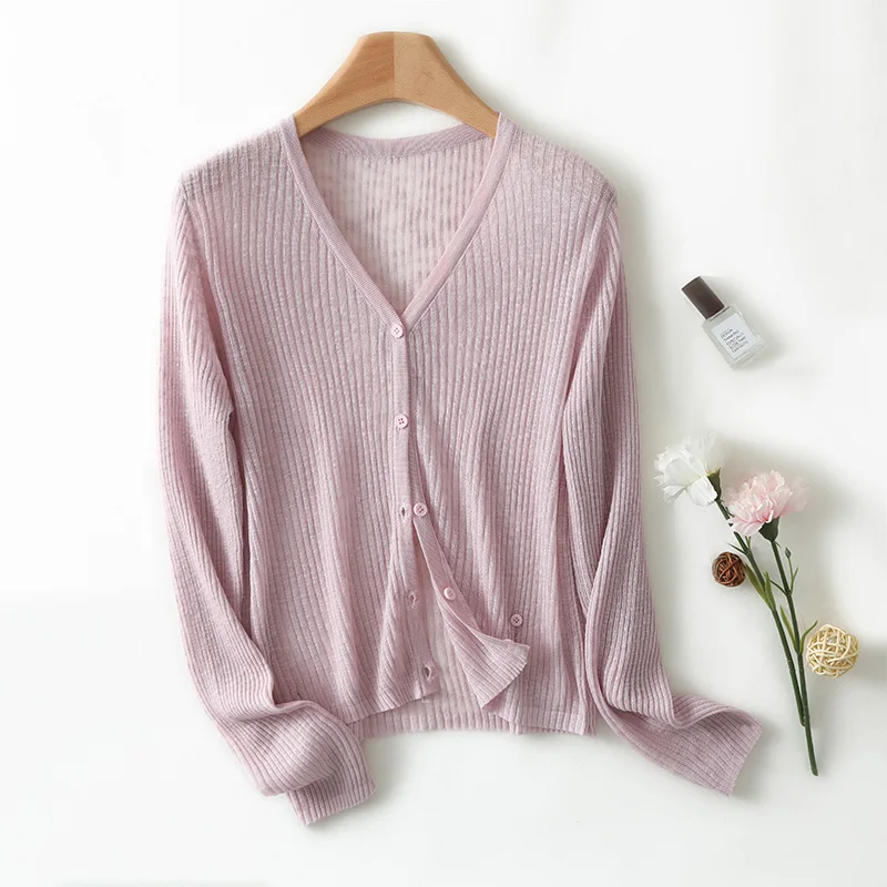 Free Shipping 100% Wool Knitted V-neck Summer Cardigans Cashmere Sweaters Women  Soft High Quality Ladies Jumpers Clothes Y02