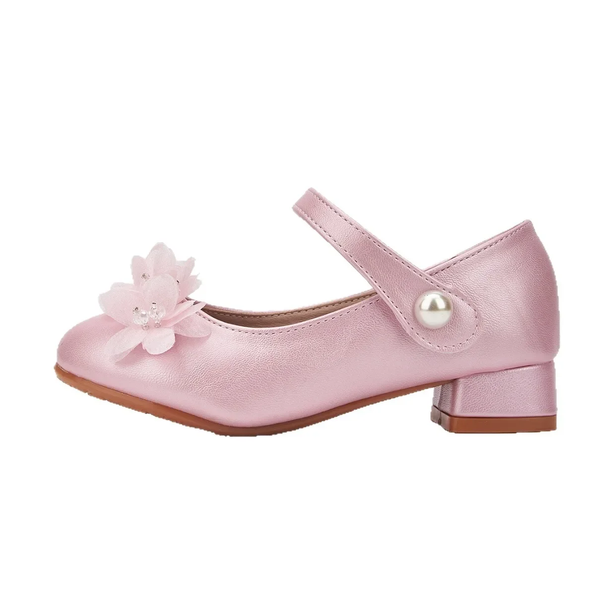 2026 New Girls Rhinestone Flower Princess High Heel Leather Shoes Soft Sole Anti-slip Breathable Fashion Footwear for Kids Party