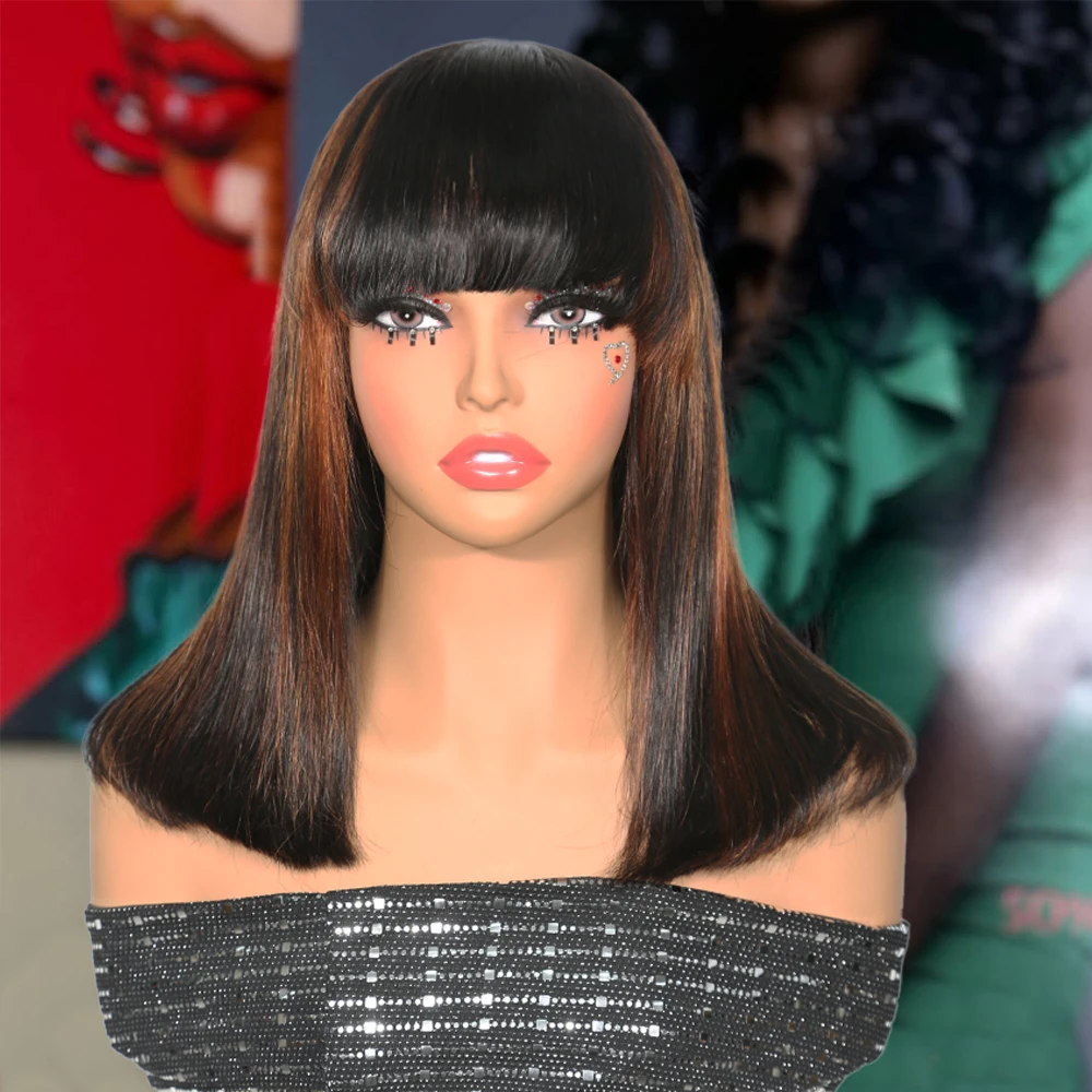 

1b/30 Highlight Brown Straight Bob Wig with Bangs Human Hair Wigs 150% Silk Straight 100% Human Hair Full Machine Made Fring Wig