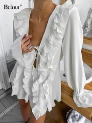 Bclout Fashion V-Neck Ruffled Dresses Women 2024 Autumn Ruched Long Sleeve A-Line Mini Dress Casual White Party Dresses Female