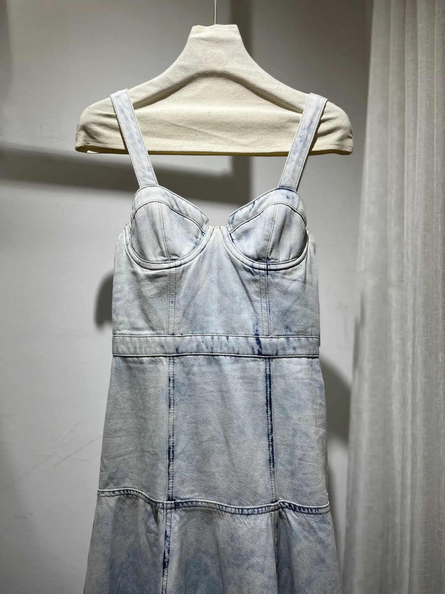 Women Strapless Bra 100% Cotton Sleeveless Irregular Hem Denim Sling Midi Dress