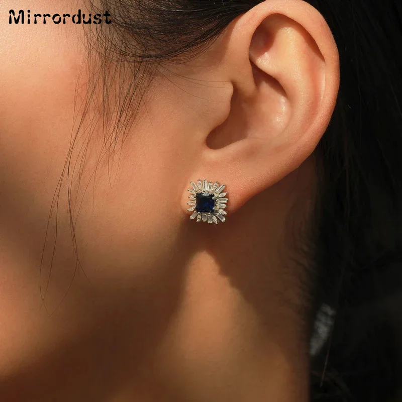 

【Mirrordust】Elegant 925 Sterling Silver Retro Blue Square Zircon Earrings Perfect Holiday Or Anniversary Gift For Women