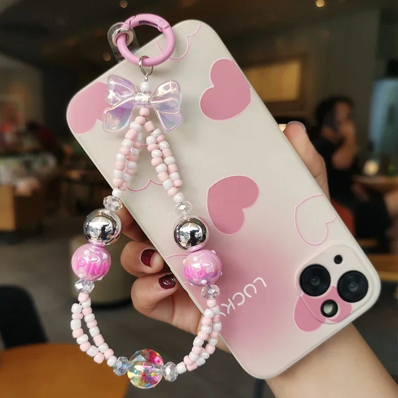 Mobile Phone Lanyard Bow Knot Handmade Beaded Powder Pendant Short Style Wrist Electroplated Bead Pendant Case Anti Loss Lanyard