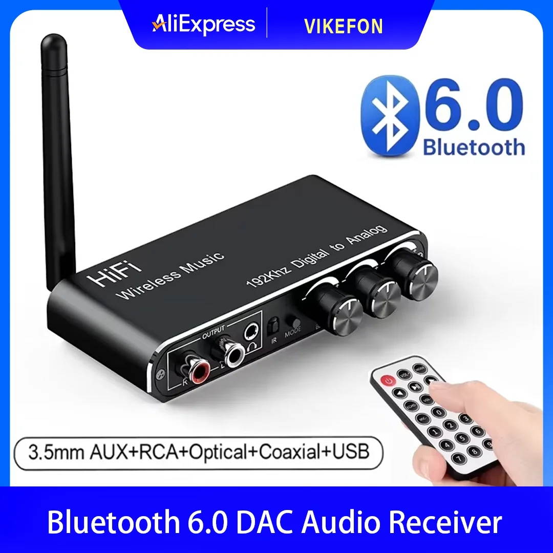 Bluetooth 6.0 DAC Audio Receiver Digital to Analog Converter Optical Coaxial to RCA & 3.5mm Jack 192KHz HiFi Stereo Adapter