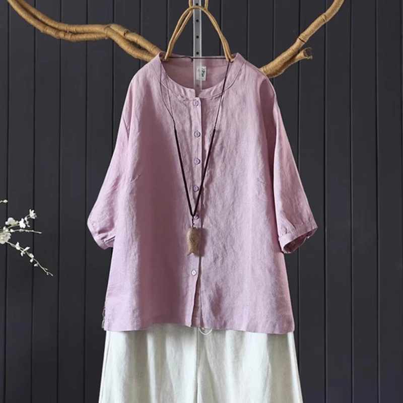 

100% Linen Women Casual Shirt New Arrival 2025 Summer Vintage Style Solid Color Loose Female Half Sleeve Tops Shirts M1736