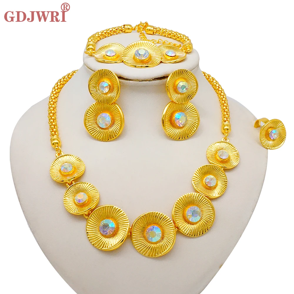 Luxus Dubai Gold Farbe Doppels chicht Halskette Schmuck Sets für Frauen afrikanischen Wasser tropfen Kristalls chmuck indischen Set Geschenke – Detail 15