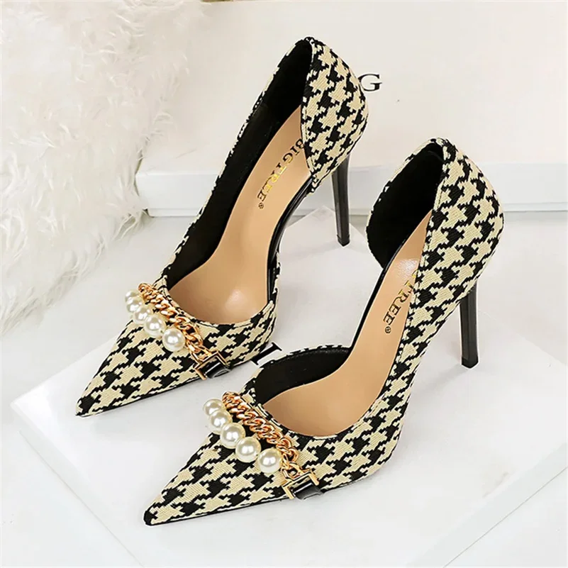 New Women 7.5cm 11cm High Heels Pumps Sexy Pointed Toe Bigtree Heels Lady Pearl Metal Chain Scarpins Stiletto Zebra Plaid Shoes