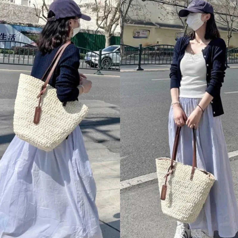 

Women's Grass Woven Handbag Beach Bag 2024 Handmade Woven Leisure Zipper Paper Rope Vegetable Basket Travel Vacation Hollow Bag